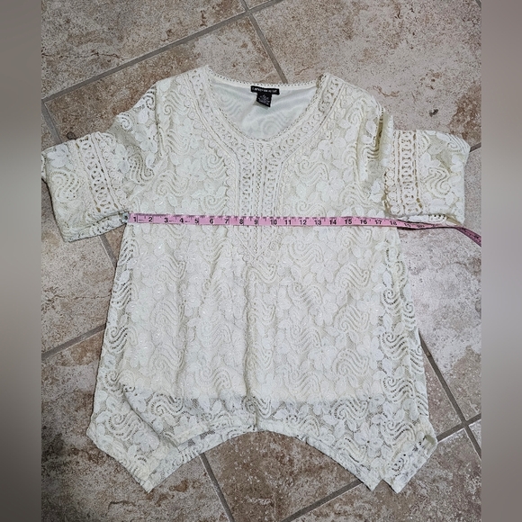 Lauren Michelle Lace Blouse Large Ivory Lined Sharkbite Hem Boho Peasant Top - Picture 5 of 6